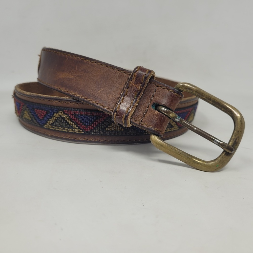 Brown Leather Belt 34 Woven Southwestern Geometric Tribal Aztec USA Brass Buckle